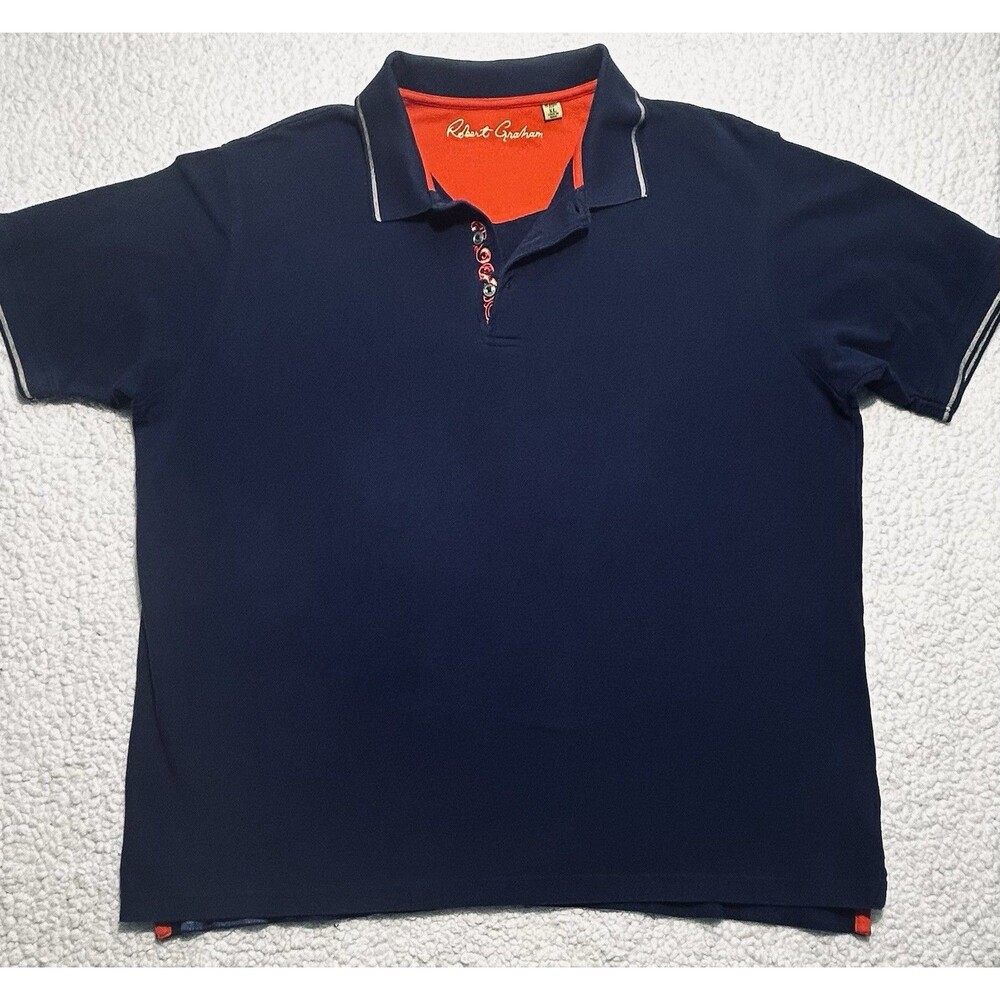 Robert Graham Men XL Regular Navy Blue Contrast Trim Short Sleeve Polo Cotton